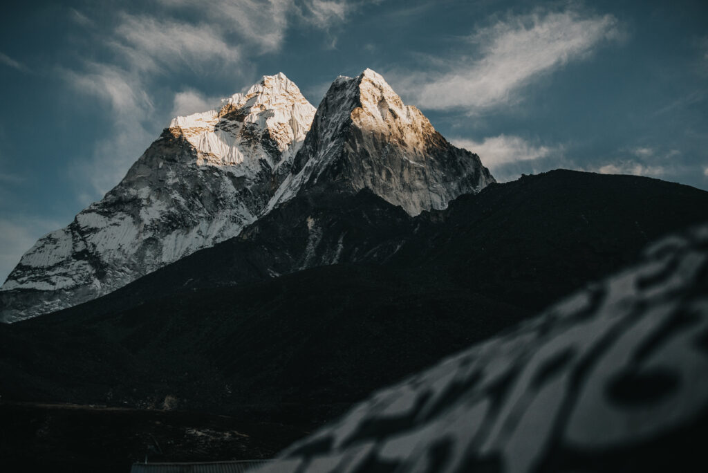 Majestic view of Ama Dablam mountain with sharp peaks.